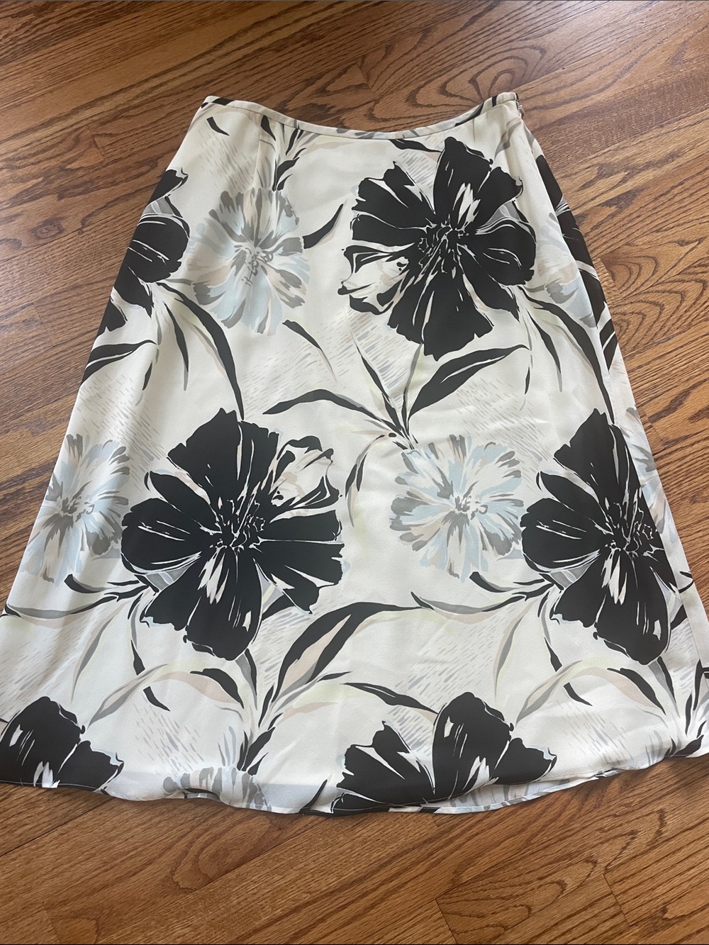 Talbots Cream A-Line Midi Silk Skirt with Black & Gray Floral Print Size 10